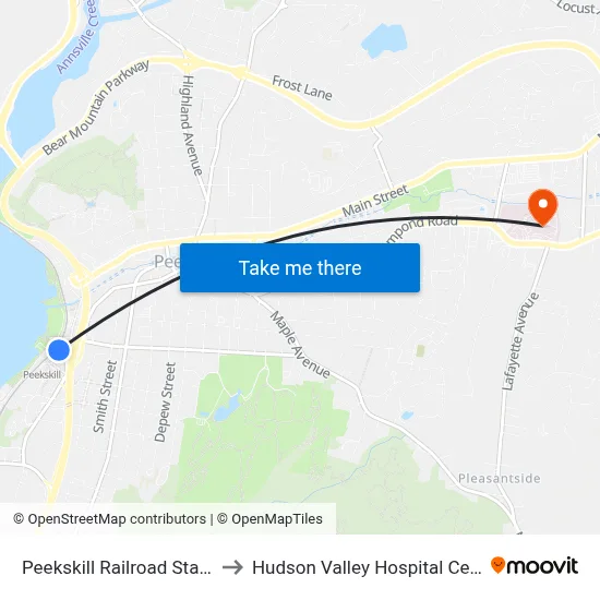 Peekskill Railroad Station to Hudson Valley Hospital Center map