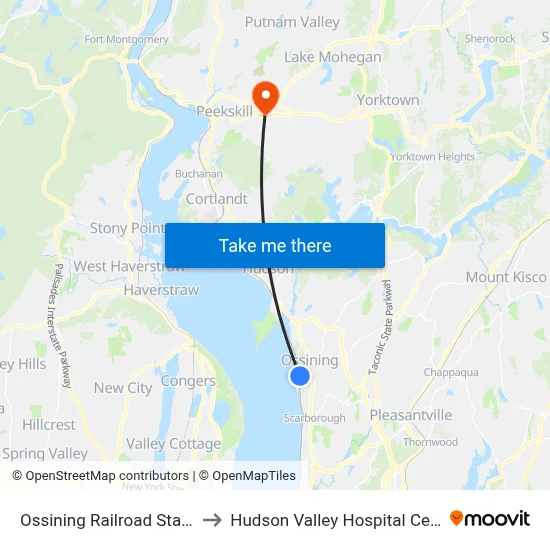 Ossining Railroad Station to Hudson Valley Hospital Center map