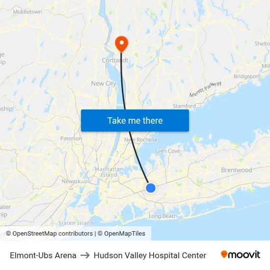 Elmont-Ubs Arena to Hudson Valley Hospital Center map