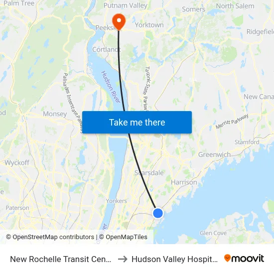 New Rochelle Transit Center Lane D to Hudson Valley Hospital Center map
