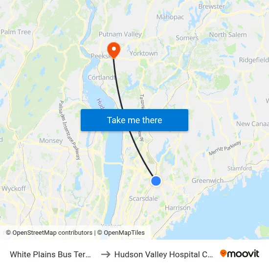 White Plains Bus Terminal to Hudson Valley Hospital Center map