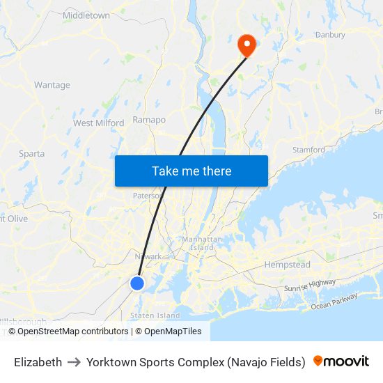 Elizabeth to Yorktown Sports Complex (Navajo Fields) map