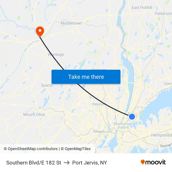 Southern Blvd/E 182 St to Port Jervis, NY map