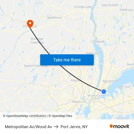 Metropolitan Av/Wood Av to Port Jervis, NY map