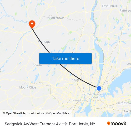 Sedgwick Av/West Tremont Av to Port Jervis, NY map