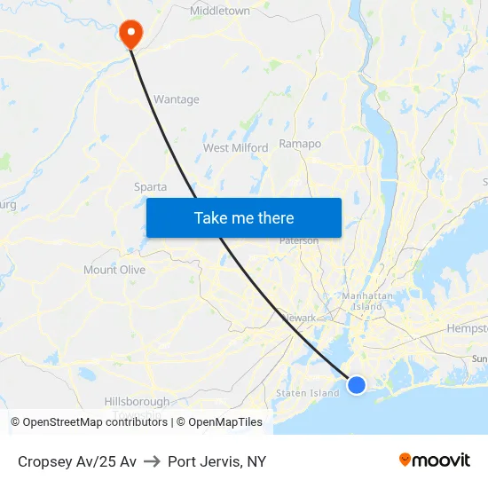 Cropsey Av/25 Av to Port Jervis, NY map