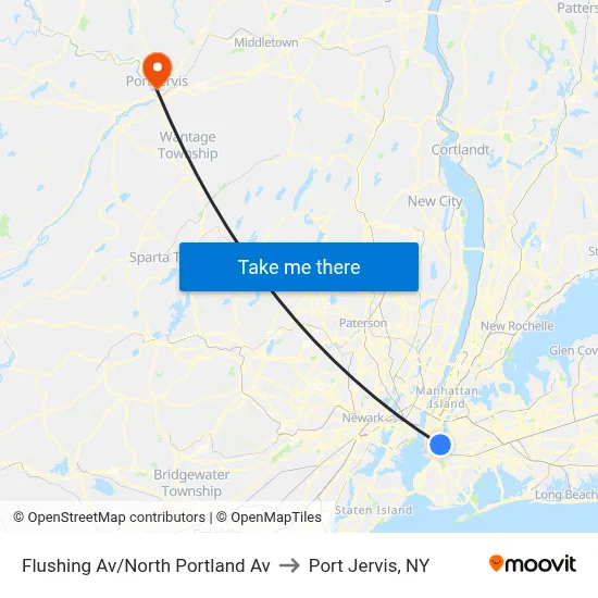 Flushing Av/North Portland Av to Port Jervis, NY map