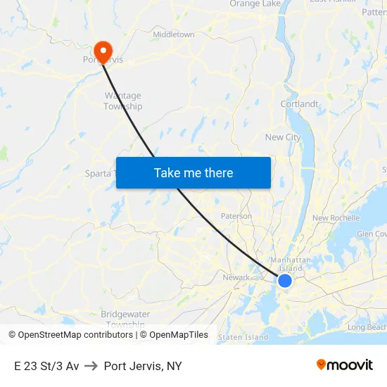 E 23 St/3 Av to Port Jervis, NY map