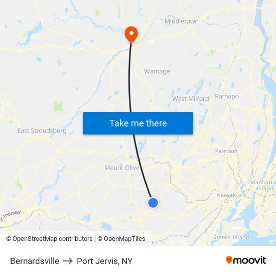 Bernardsville to Port Jervis, NY map