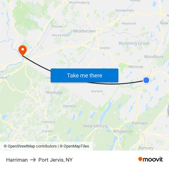 Harriman to Port Jervis, NY map