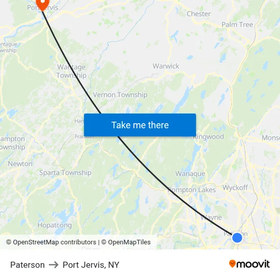 Paterson to Port Jervis, NY map