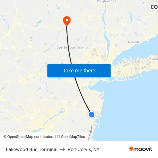 Lakewood Bus Terminal to Port Jervis, NY map