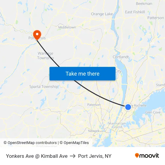 Yonkers Ave @ Kimball Ave to Port Jervis, NY map
