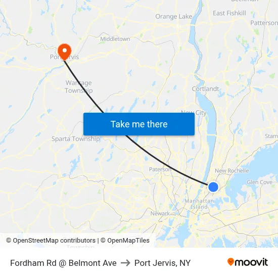 Fordham Rd @ Belmont Ave to Port Jervis, NY map