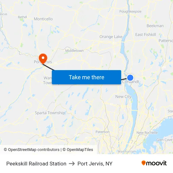 Peekskill Railroad Station to Port Jervis, NY map