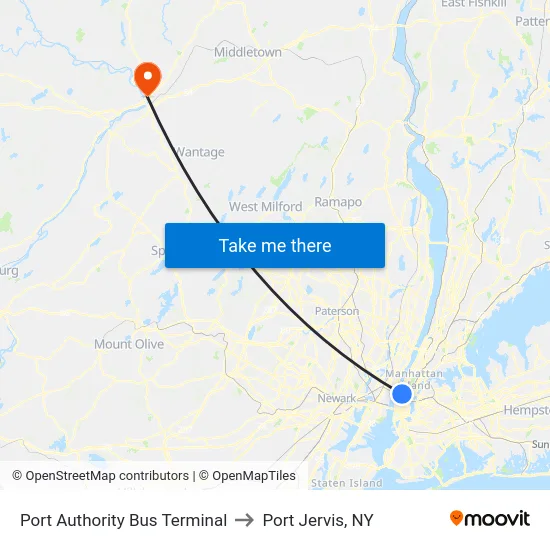 Port Authority Bus Terminal to Port Jervis, NY map