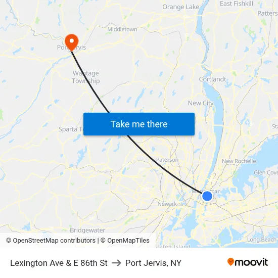 Lexington Ave & E 86th St to Port Jervis, NY map