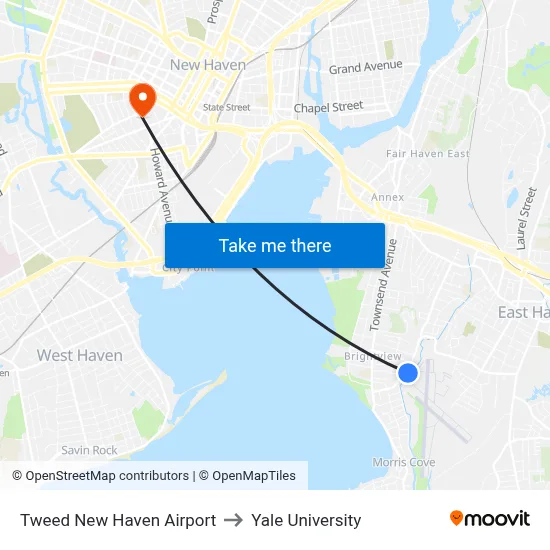 Tweed New Haven Airport to Yale University map