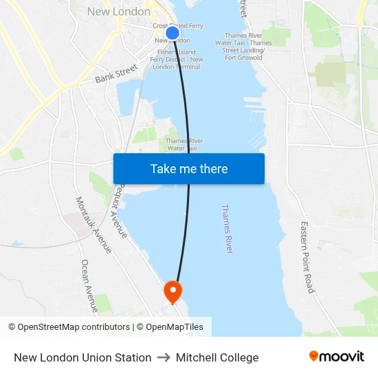 New London Union Station to Mitchell College map