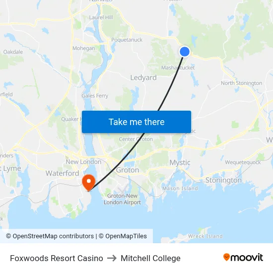 Foxwoods Resort Casino to Mitchell College map
