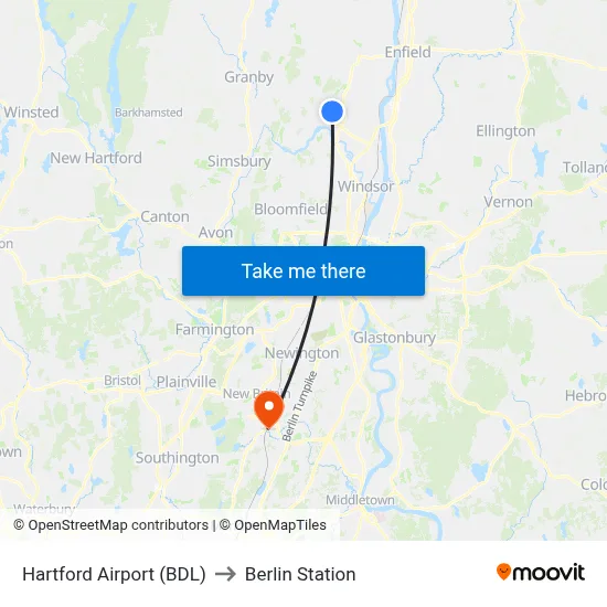 Hartford Airport (BDL) to Berlin Station map