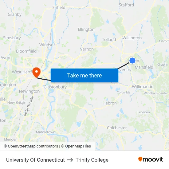 University Of Connecticut to Trinity College map