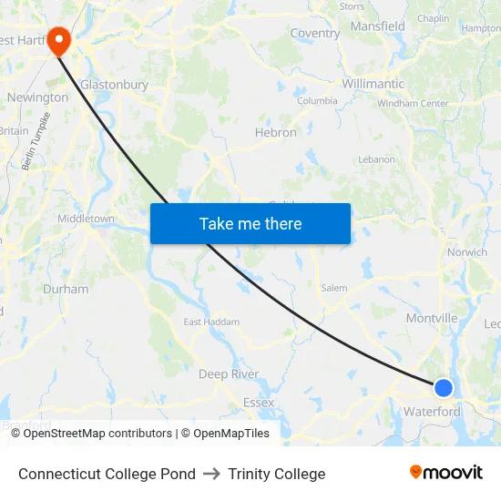 Connecticut College Pond to Trinity College map