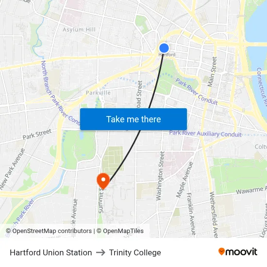 Hartford Union Station to Trinity College map