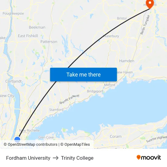 Fordham University to Trinity College map