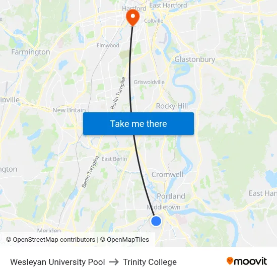 Wesleyan University Pool to Trinity College map