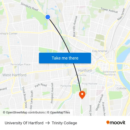 University Of Hartford to Trinity College map