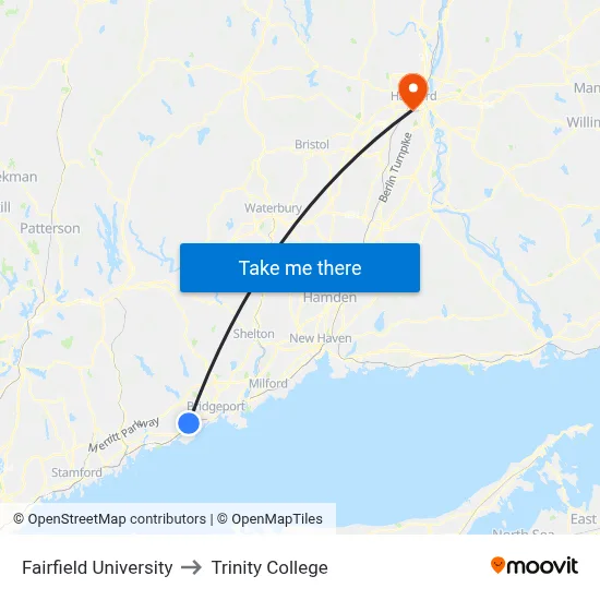 Fairfield University to Trinity College map