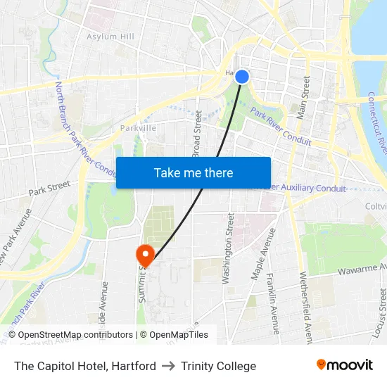 The Capitol Hotel, Hartford to Trinity College map