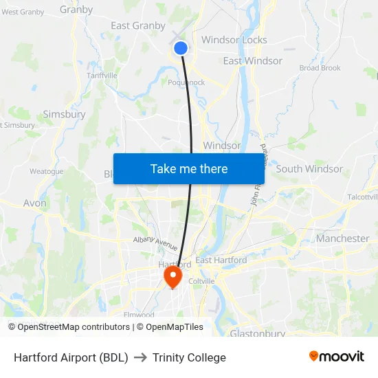 Hartford Airport (BDL) to Trinity College map