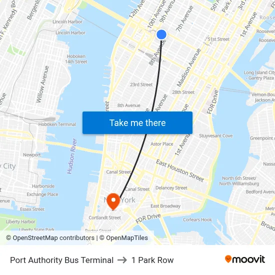 Port Authority Bus Terminal to 1 Park Row map