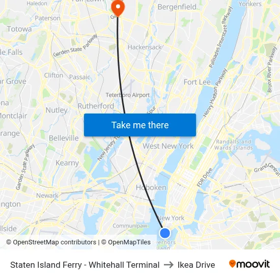 Staten Island Ferry - Whitehall Terminal to Ikea Drive map