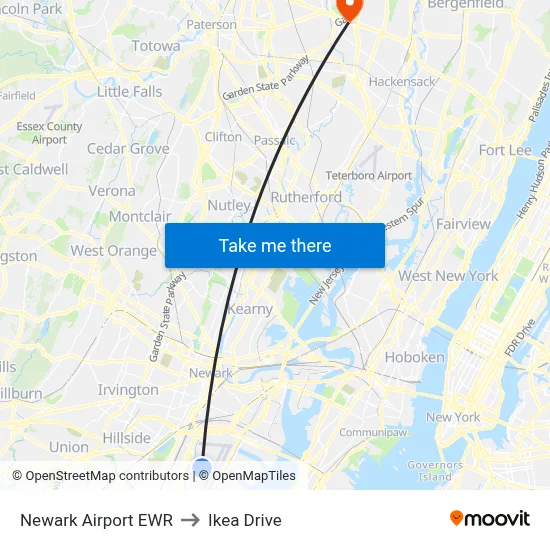Newark Airport EWR to Ikea Drive map