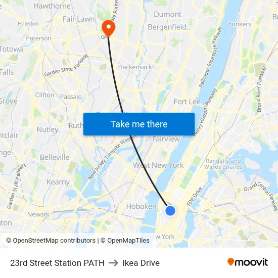 23rd Street Station PATH to Ikea Drive map