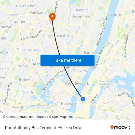 Port Authority Bus Terminal to Ikea Drive map