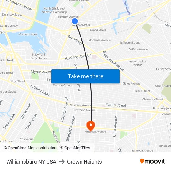 Williamsburg NY USA to Crown Heights map