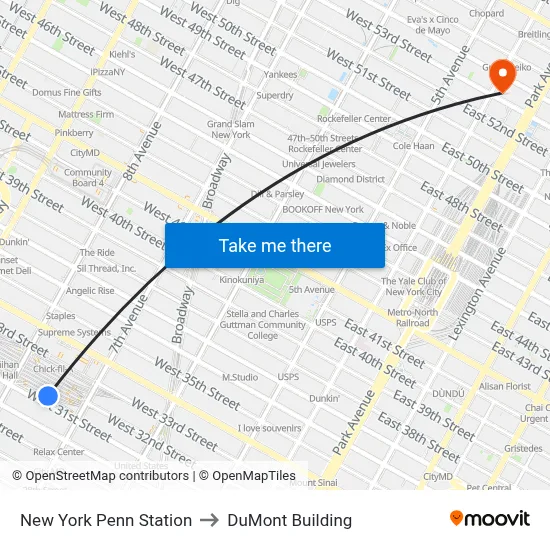 New York Penn Station to DuMont Building map