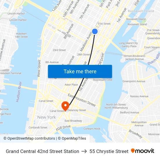 Grand Central 42nd Street Station to 55 Chrystie Street map