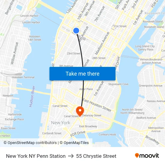 New York NY Penn Station to 55 Chrystie Street map