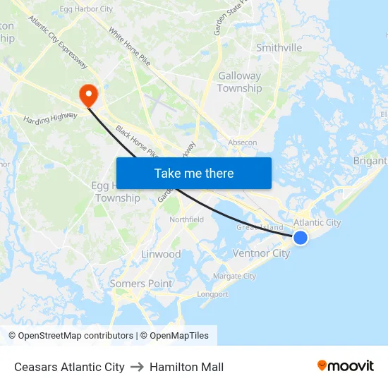 Ceasars Atlantic City to Hamilton Mall map