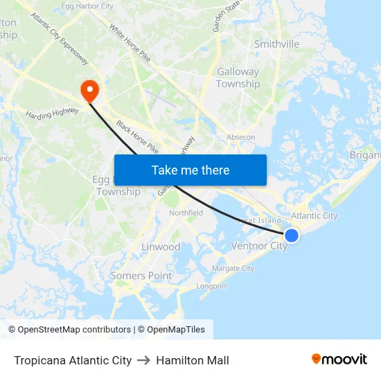 Tropicana Atlantic City to Hamilton Mall map