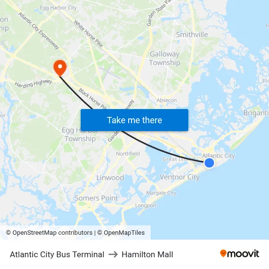 Atlantic City Bus Terminal to Hamilton Mall map