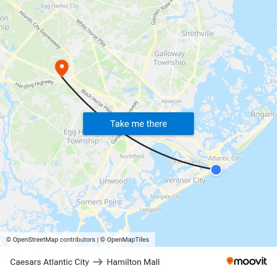 Caesars Atlantic City to Hamilton Mall map