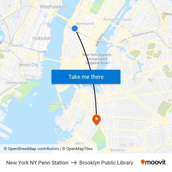 New York NY Penn Station to Brooklyn Public Library map