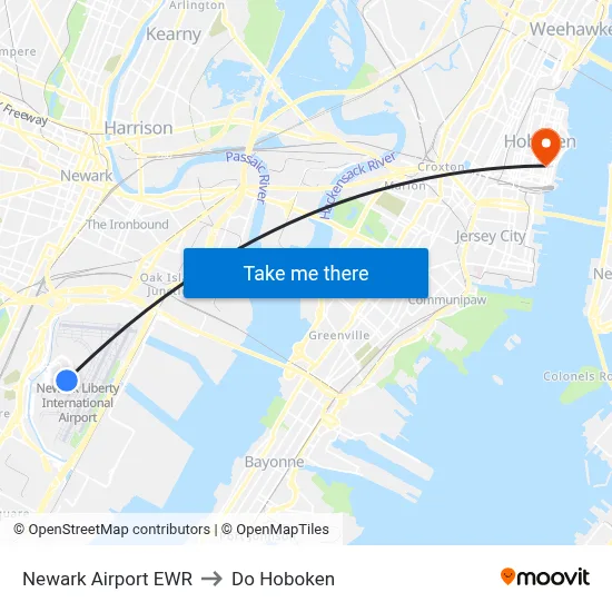 Newark Airport EWR to Do Hoboken map