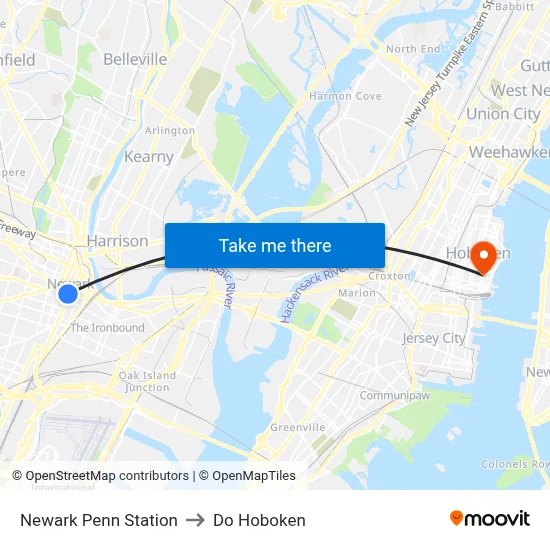 Newark Penn Station to Do Hoboken map